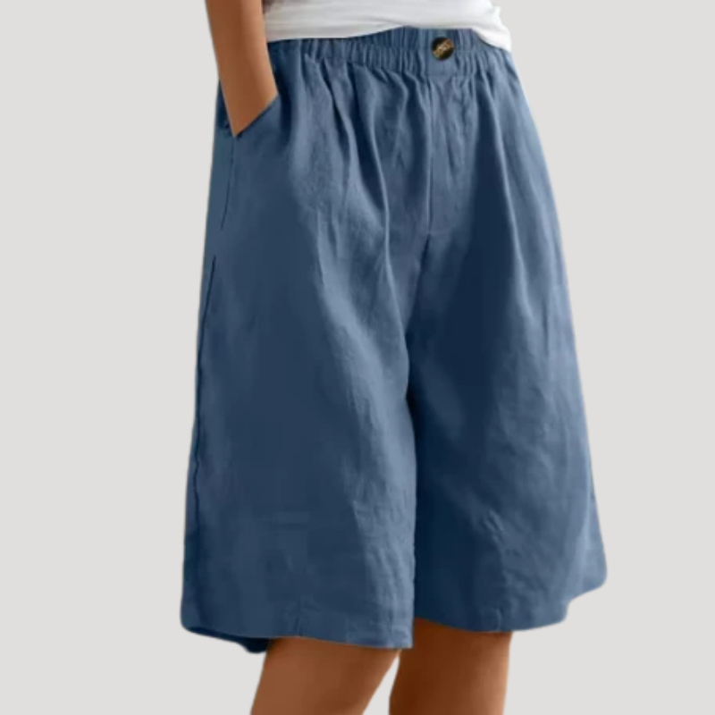 Women's Linen Bermuda Shorts Loose Wide Leg Elastic Waist Pockets