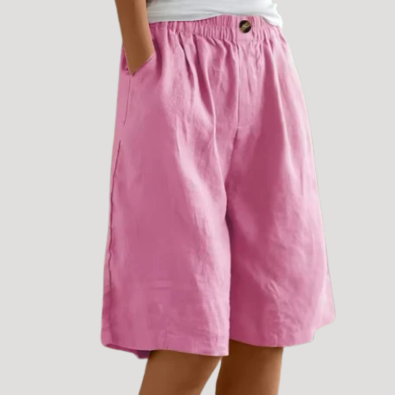 Women's Linen Bermuda Shorts Loose Wide Leg Elastic Waist Pockets