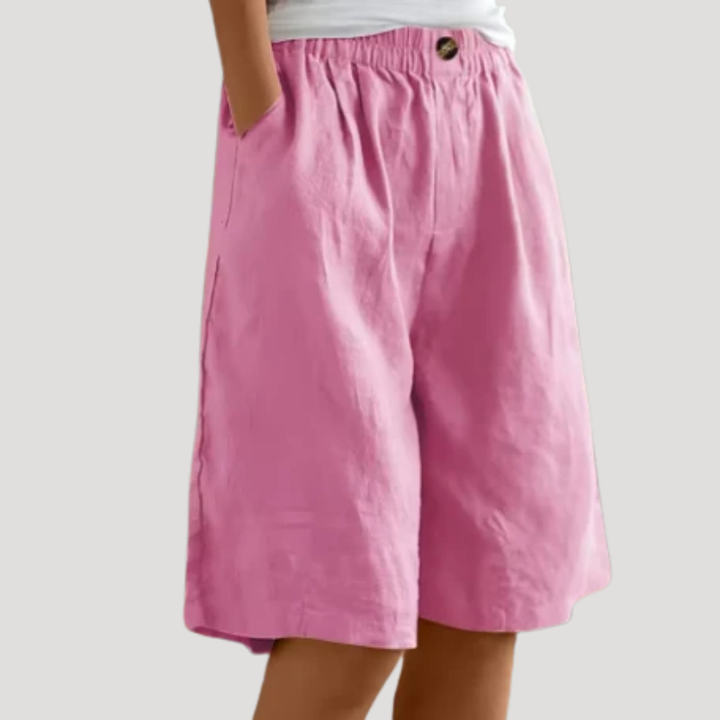 Women's Linen Bermuda Shorts Loose Wide Leg Elastic Waist Pockets
