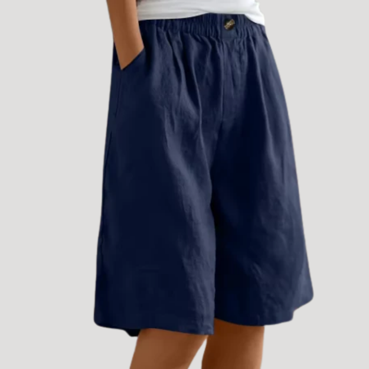 Women's Linen Bermuda Shorts Loose Wide Leg Elastic Waist Pockets