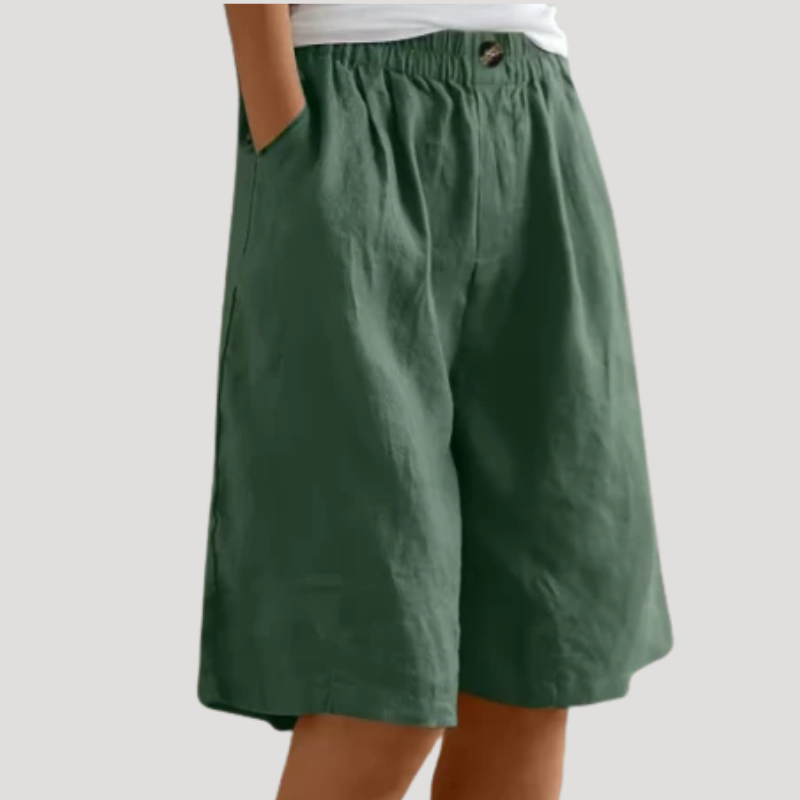 Women's Linen Bermuda Shorts Loose Wide Leg Elastic Waist Pockets
