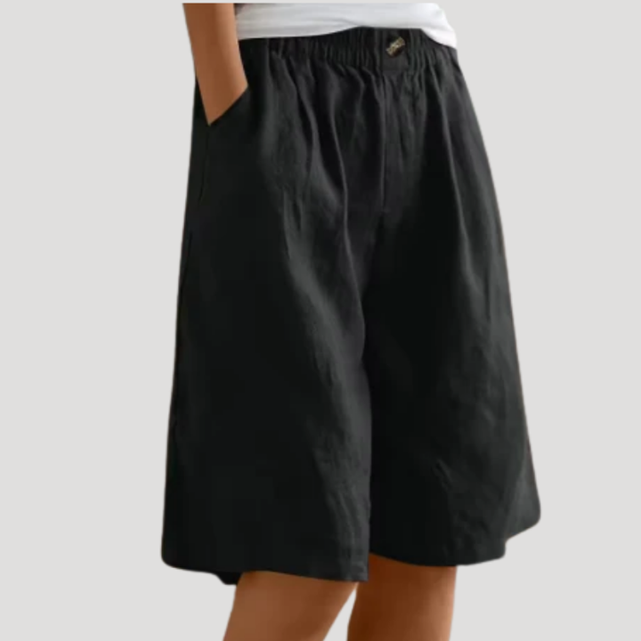 Women's Linen Bermuda Shorts Loose Wide Leg Elastic Waist Pockets