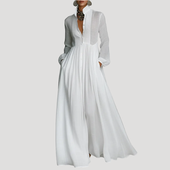 Women's Long Dress Maxi V Neck Shirt Long Sleeve Button Front