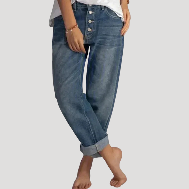 Women's Baggy Jeans Button Denim Blue Straight Leg