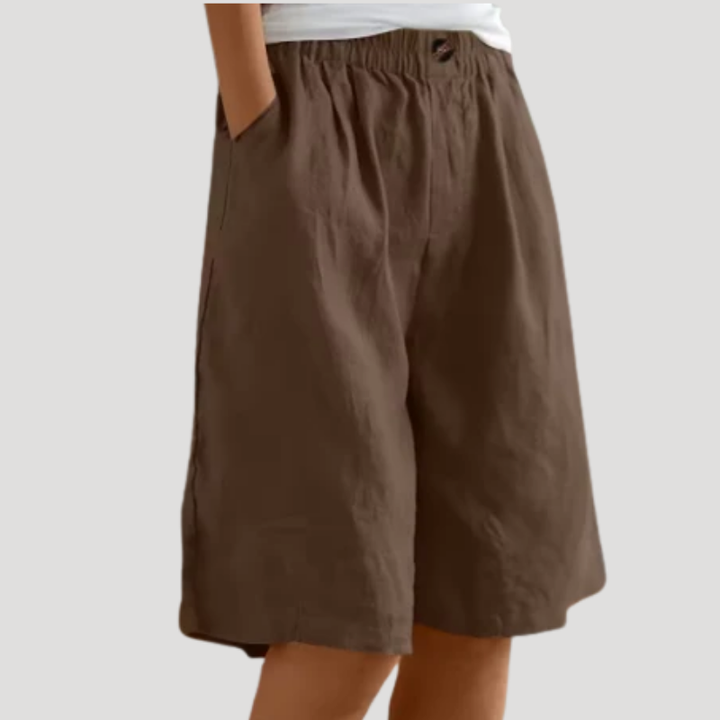 Women's Linen Bermuda Shorts Loose Wide Leg Elastic Waist Pockets