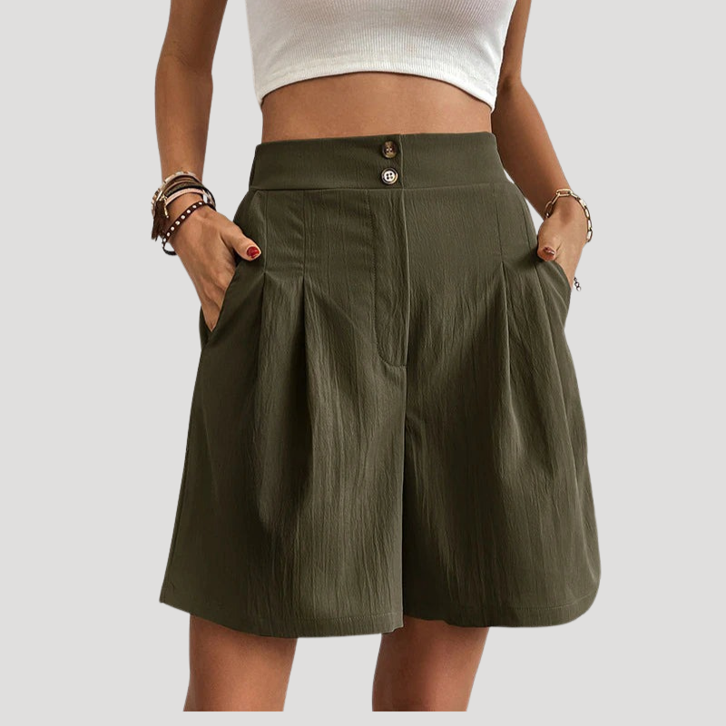 Women's Bermuda Shorts High Waist Pleated Wide Leg Pocket Summer