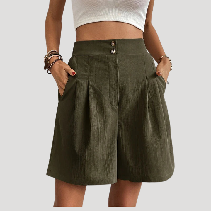 Women's Bermuda Shorts High Waist Pleated Wide Leg Pocket Summer