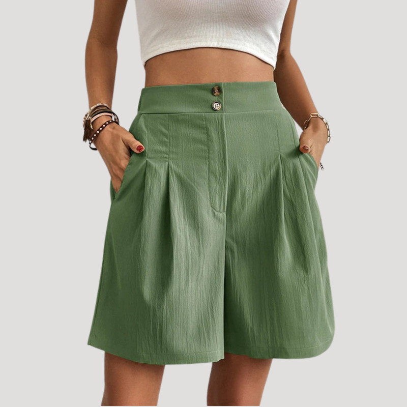 Women's Bermuda Shorts High Waist Pleated Wide Leg Pocket Summer