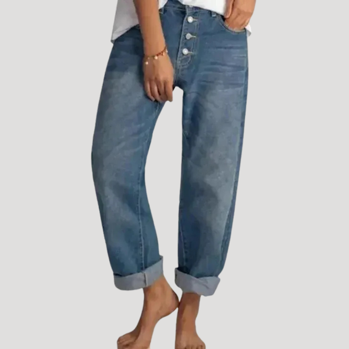Women's Baggy Jeans Button Denim Blue Straight Leg