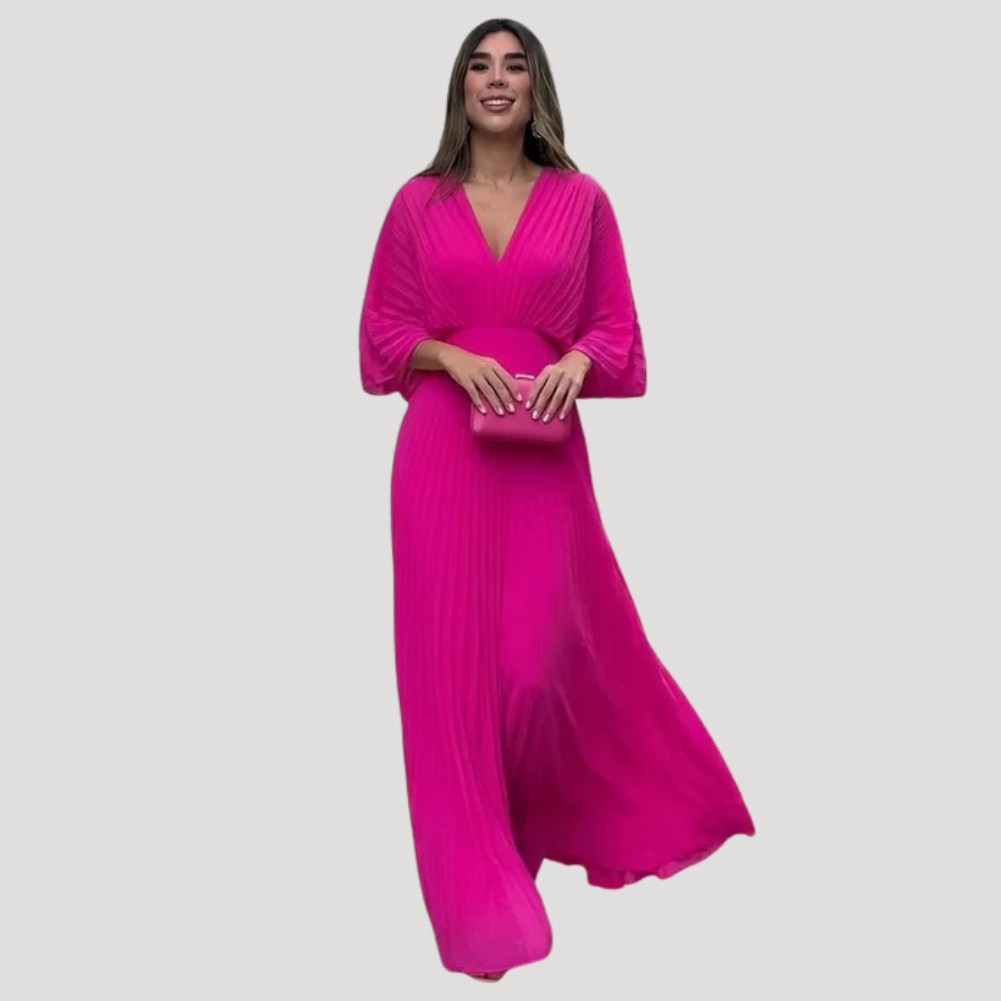 Women's Long Dress Pleated Wrap V Neck Bridesmaid Formal Wear