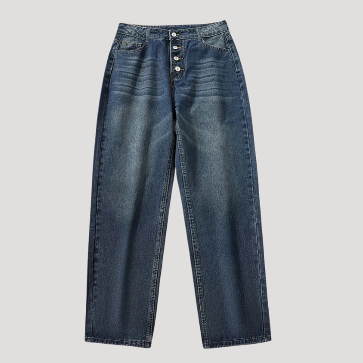Women's Baggy Jeans Button Denim Blue Straight Leg