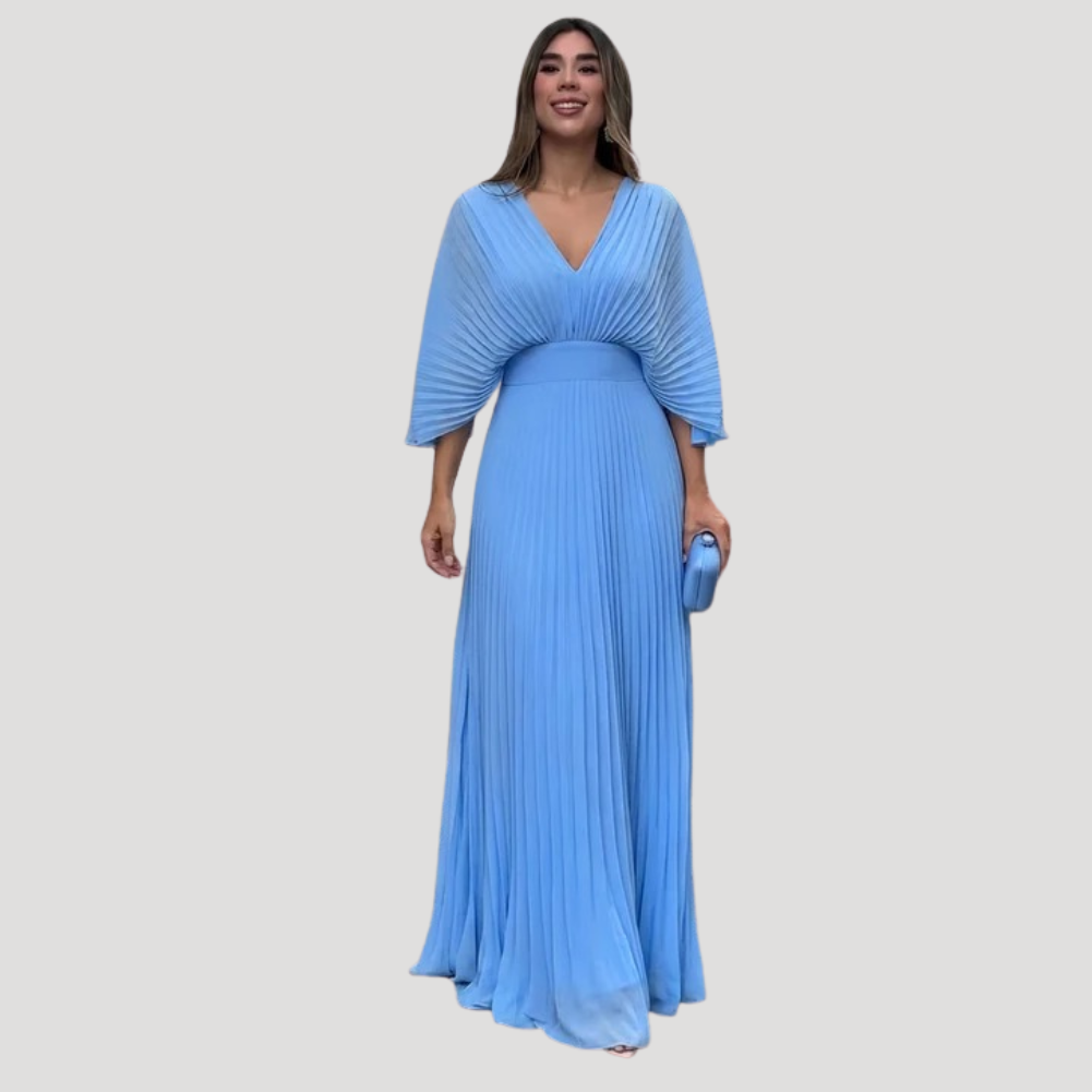 Women's Long Dress Pleated Wrap V Neck Bridesmaid Formal Wear