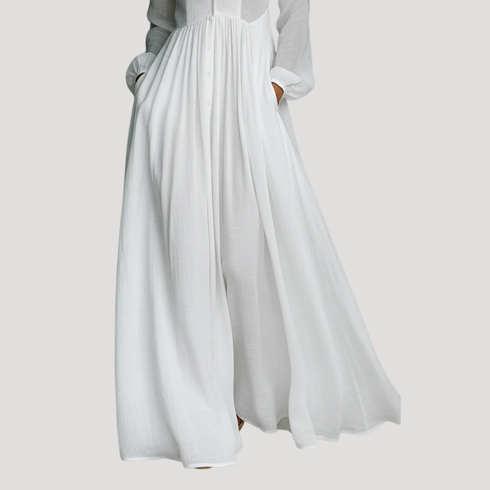 Women's Long Dress Maxi V Neck Shirt Long Sleeve Button Front