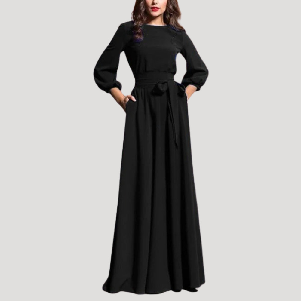 Women's Maxi Dress Long Sleeve Belted A Line Formal Gown