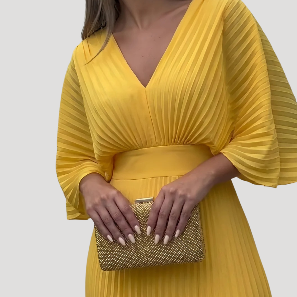 Women's Long Dress Pleated Wrap V Neck Bridesmaid Formal Wear