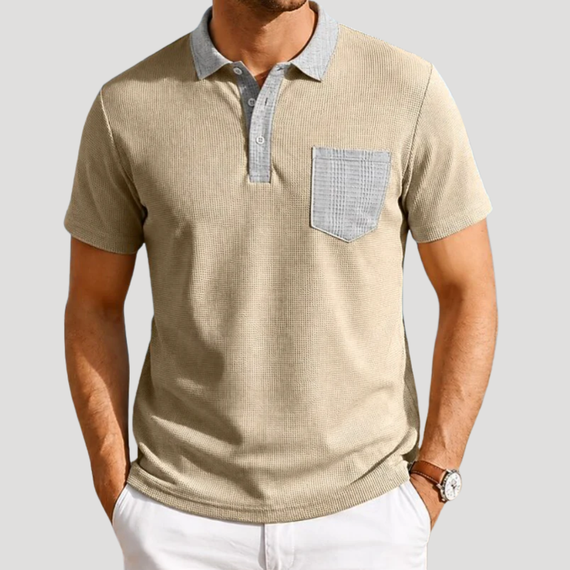 Men's Polo Shirt Colour Block Pocket Collared Shirt