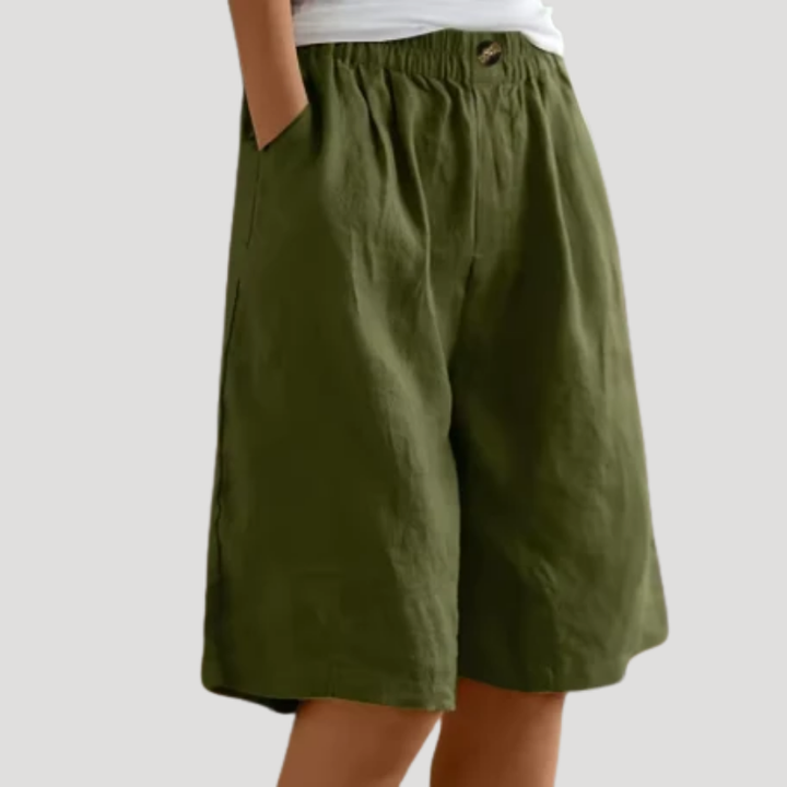 Women's Linen Bermuda Shorts Loose Wide Leg Elastic Waist Pockets