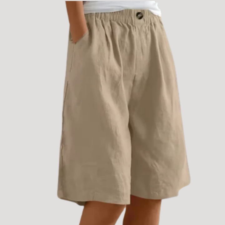 Women's Linen Bermuda Shorts Loose Wide Leg Elastic Waist Pockets